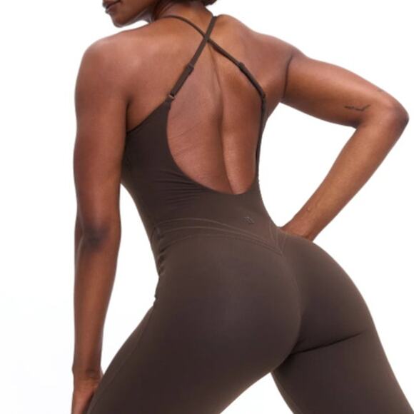 BuffBunny Collection Legacy Flare Bodysuit Cold Brew Open Back Wide Leg Jumpsuit - Picture 4 of 11